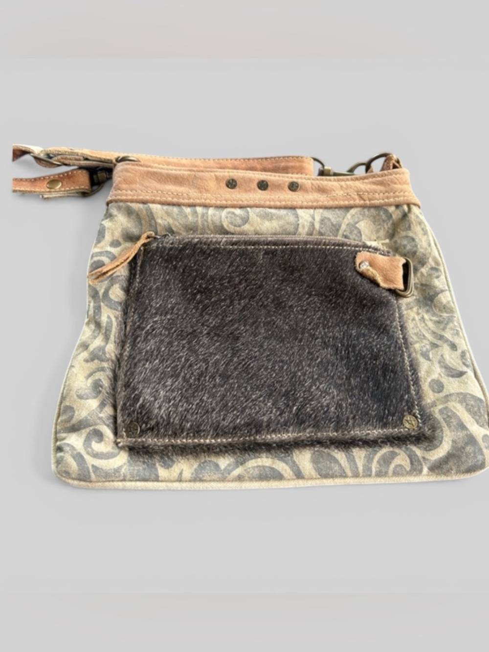 Myra Bag calf hair printed crossbody bag with leather accents western boho chic